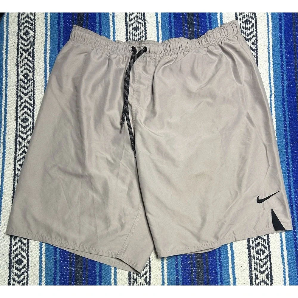 Nike Swim Trunks Mens 3XL Gray Black Swoosh Mesh Lined Drawstring Shorts